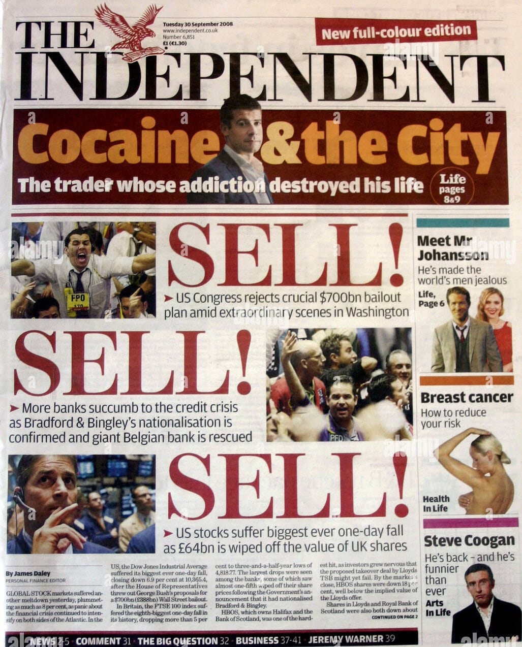 Front page of 'The Independent' newspaper 30th September 2008. Lead ...
