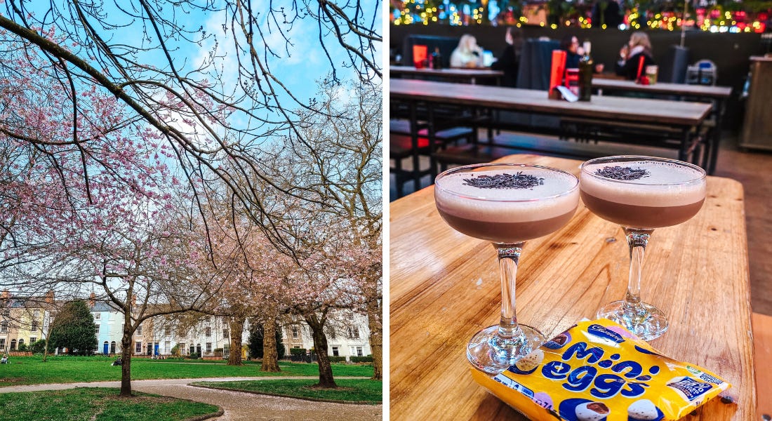 Two pictures - one of spring cherry blossom on a path with houses behind it, and one of two chocolate cocktails with a bag of mini eggs next to it