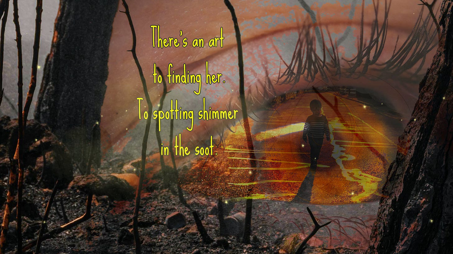 burned forest with eye looking in. Child stepping out of pupil.