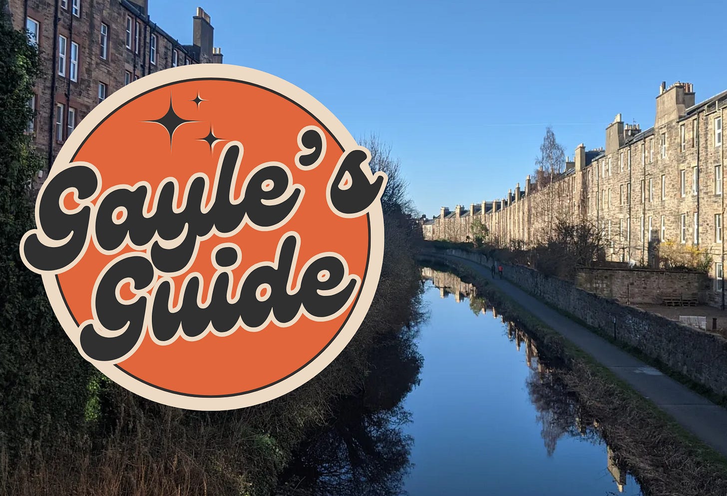 the union canal with tenements either side, clear blue skies and Gayle's Guide logo