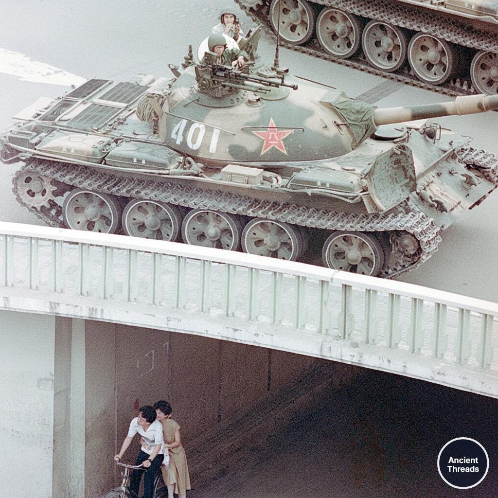 A somber moment: a couple seeks refuge under a bridge during the intense Tiananmen Square protests in Beijing, June 1989.