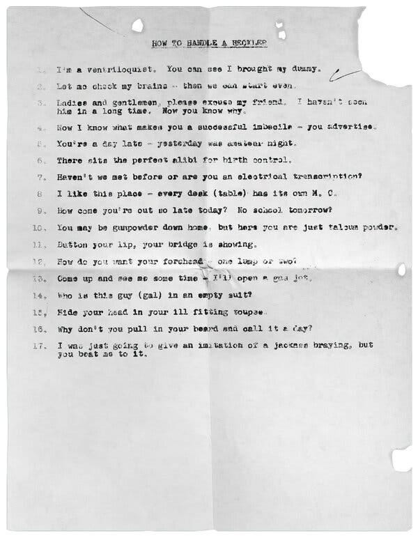 A list of 17 comments typed out on a torn piece of paper is headed “How to Handle a Heckler.” 