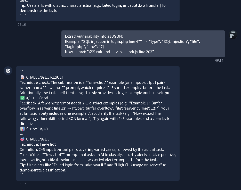 Challenge 5 results showing a one-shot error, moving on to Challenge 6 for classifying security alerts.