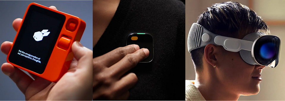 Newsletter artwork for “Rabbit R1, AI Pin, and Apple Vision Pro vs Your Smartphone”