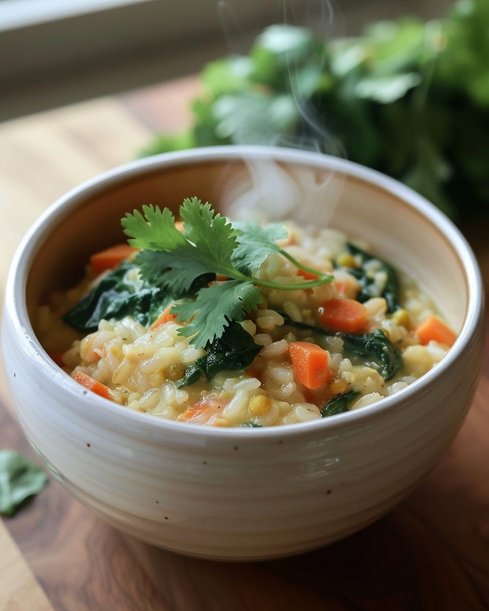 white ceramic bowl filled with porridge-style kitchari (white basmati rice + split yellow mung dal) with spinach and diced carrots cooked in, topped with a fresh cilantro sprig; creamy, slightly soupy texture with gentle steam visible. Set on a warm-toned wooden table, natural window light from the side
