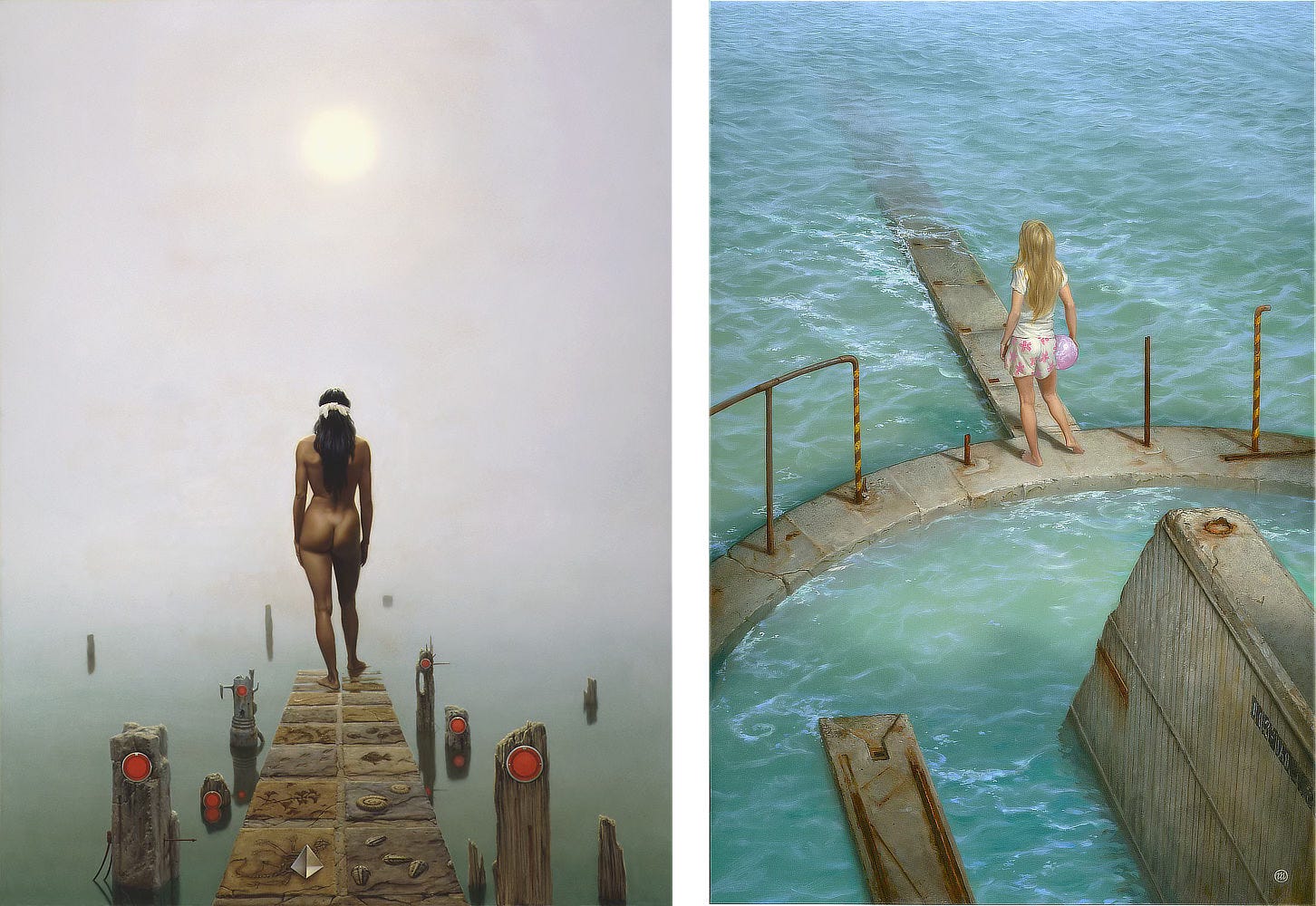LEFT: View from behind as a nude female with deep bronze skin stands at the edge of a causeway that gradually slopes into gray green water. With a white blindfold knotted over straight black hair, she can't see the path ahead but she can surely feel foggy atmosphere on her bare skin and the water on her foot as she takes a tentative step forward into the unknown. With each step, the rough stone path is textured with fossil record (trilobites, ammonites, plants, fish, etc). A glass triangular pyramid rests on the stone in the immediate foreground. Pylons set with red bicycle reflectors jut out of the water beside the causeway. The material of the posts changes from rough wood to carved stone to formed metal as the causeway descends symbolizing the progression of technology running alongside evolution in the fossil record.  RIGHT: A girl stares down a concrete causeway descending into the rippling ocean. She wears shorts patterned with pink 5-pointed blossoms and a plain white shirt. Long blonde hair falls to her waist. Against her hip rests a ball held as if her play was interrupted to stare into the distance. Milky green-blue water froths climbing the causeway. The leading edge creeps up toward the low seawall on which she stands. Broken rebar juts up from the foundation. Intact to her left, the rusted metal forms a railing with the leading edge painted with yellow warning stripes.