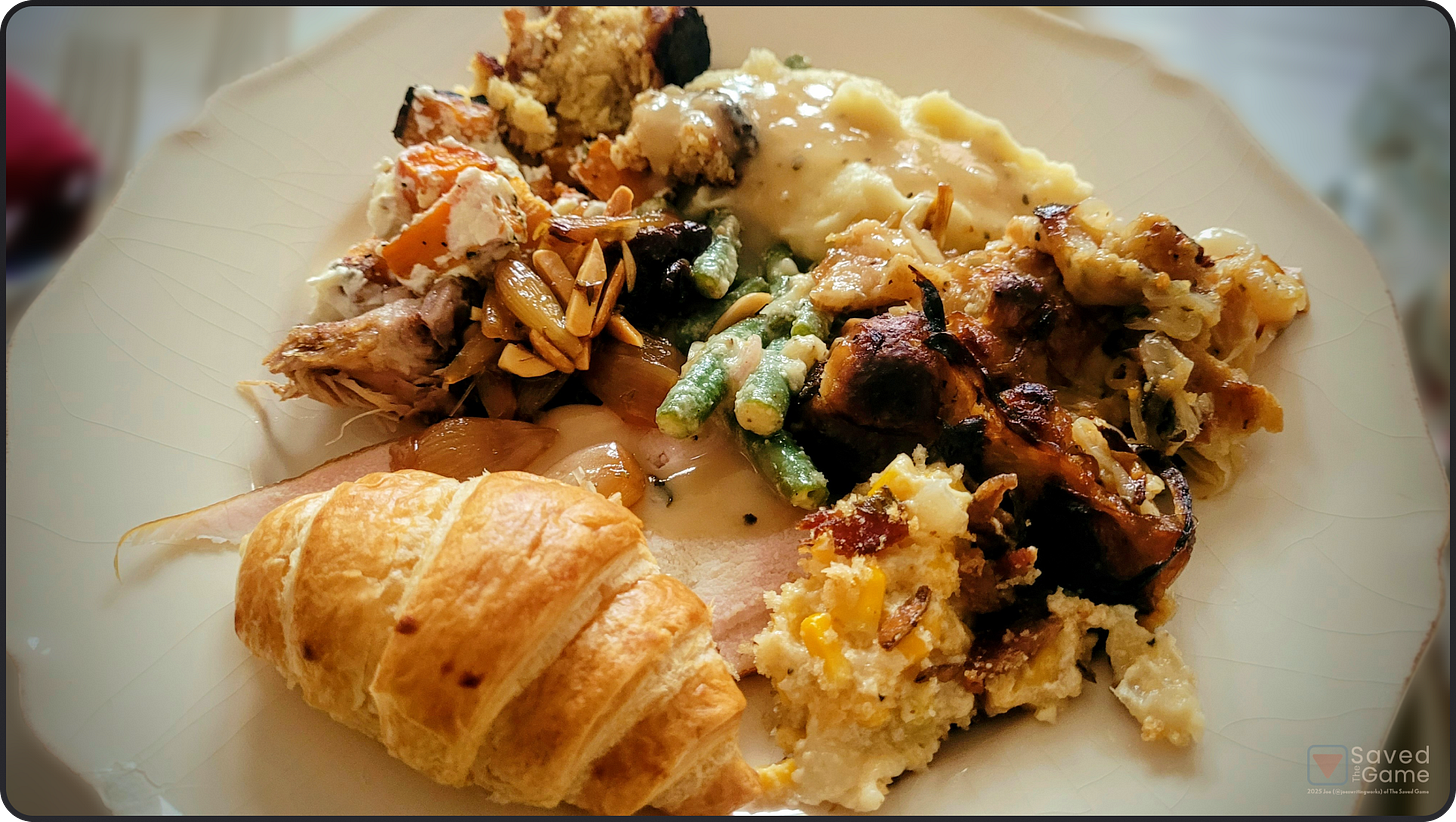 A photo of a Thanksgiving plate of food!