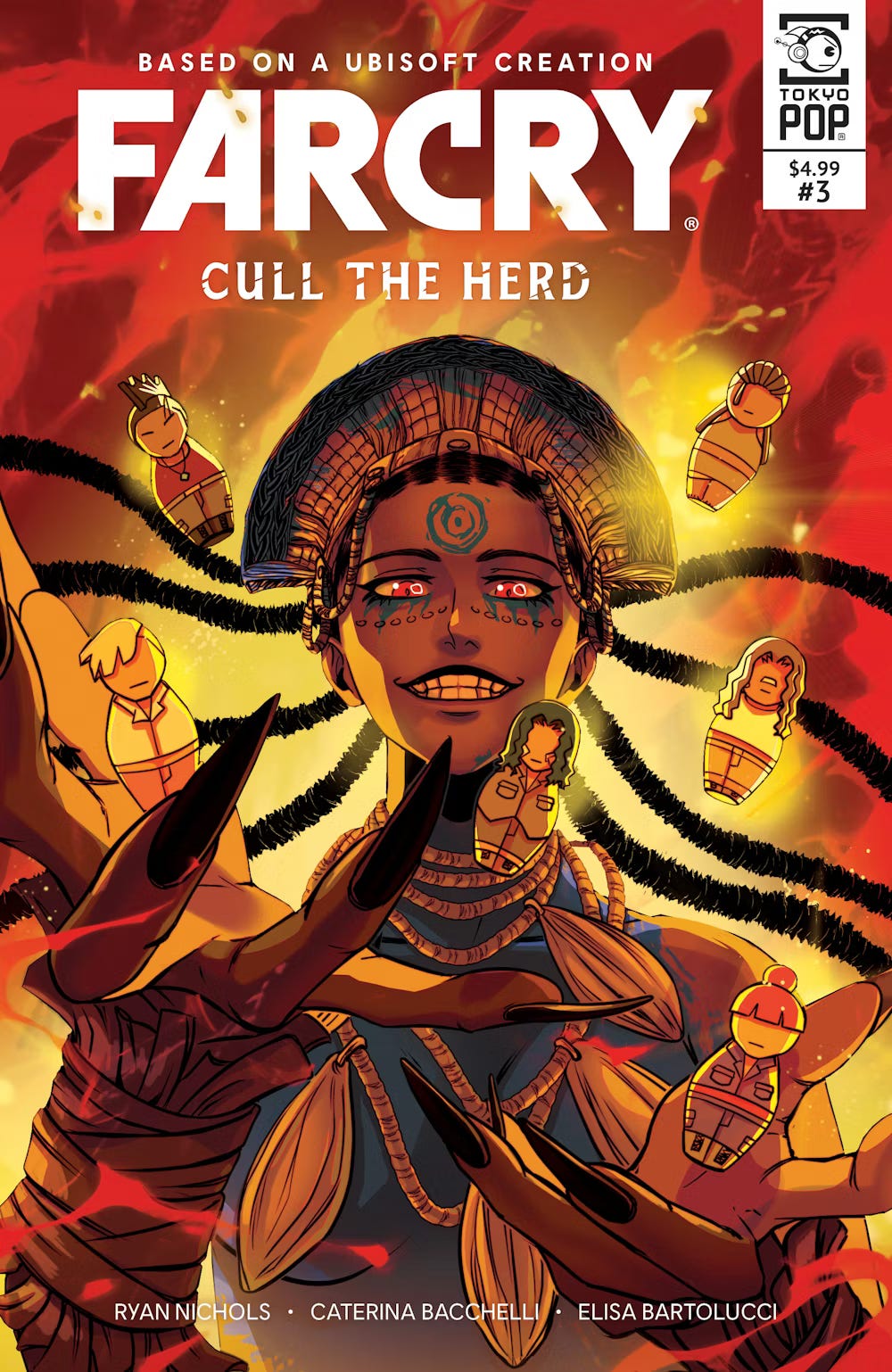 Cover of Far Cry: Cull the Herd issue #3, published by TOKYOPOP. The artwork features a sinister, smiling figure with glowing red eyes, dark claw-like fingers, and an ornate headdress. Surrounding the figure are small, stylized voodoo-like dolls representing various characters, glowing with an eerie light. The background is engulfed in intense red and orange flames, adding a chaotic and ominous atmosphere. The title is prominently displayed at the top in bold white text, with the creators' names—Ryan Nichols, Caterina Bacchelli, and Elisa Bartolucci—listed at the bottom.