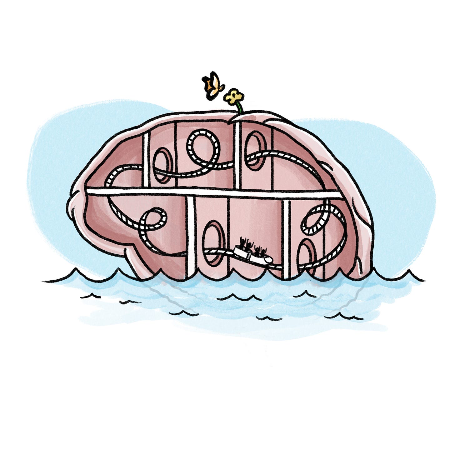 A stylized illustration of a brain with a rollercoaster going through the various parts of the brain. The brain is also on the ocean and there's a flower and butterfly on top.