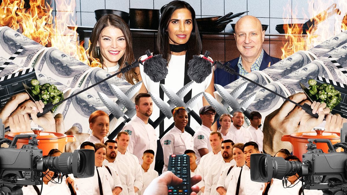 Photo collage of a hand holding a remote control pointing at several chefs in white coats, knives, dollar bills, and three smiling faces.