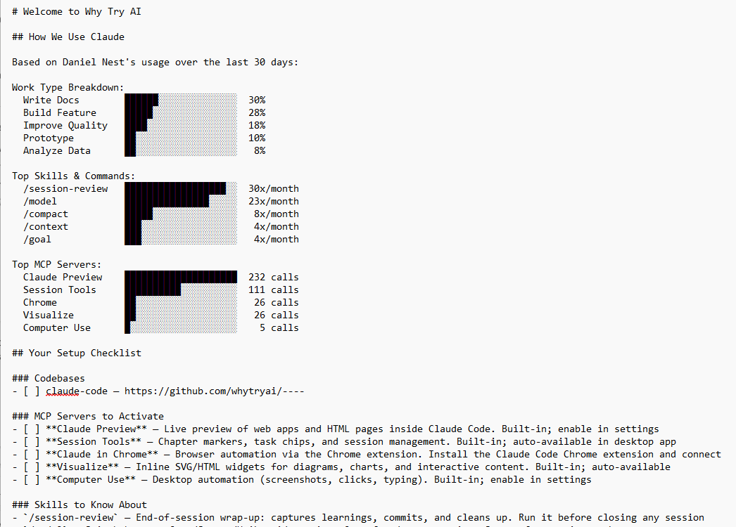 Generated ONBOARDING.md file showing a "Welcome to Why Try AI" header, a work-type breakdown chart, top skills and commands, top MCP servers, and a setup checklist. Generated ONBOARDING.md file showing a "Welcome to Why Try AI" header, a work-type breakdown chart, top skills and commands, top MCP servers, and a setup checklist.