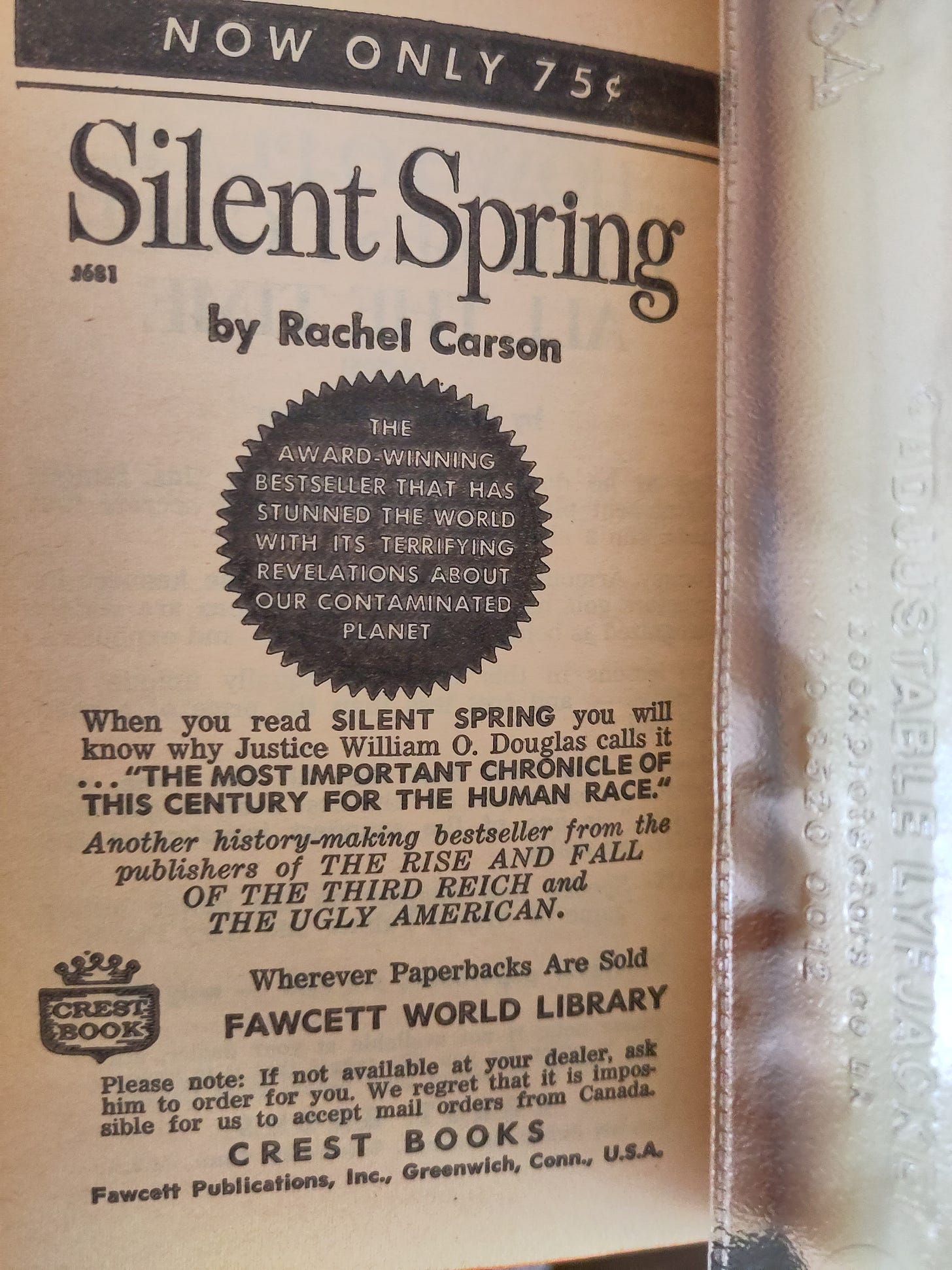  Advert for Rachel Carson’s Silent Spring in the back of the 1965 copy of Fast’s book