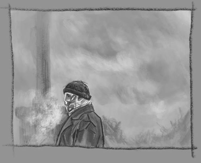 desenho em tons de cinza com texturas de lápis e giz, de uma pessoa com um sobretudo, um rosto indiscernível de perfil e um gorro. o fundo parece todo enevoado. ele parece quase pequeno sozinho na imagem