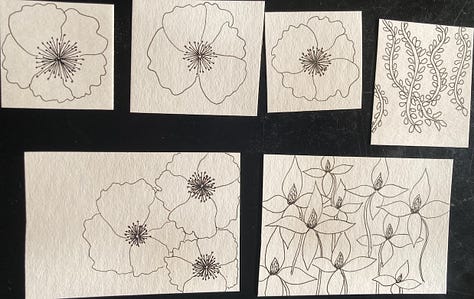 Flower-like abstract forms, drawn in black pen, with many small lines, radiating from the center of each shape, filling in the shape. Poppy-like flowers and four-petalled flowers clustered in various arrangements; abstract watercolor in curving shapes of yellows, reds, green, blue, deep purple and brown.