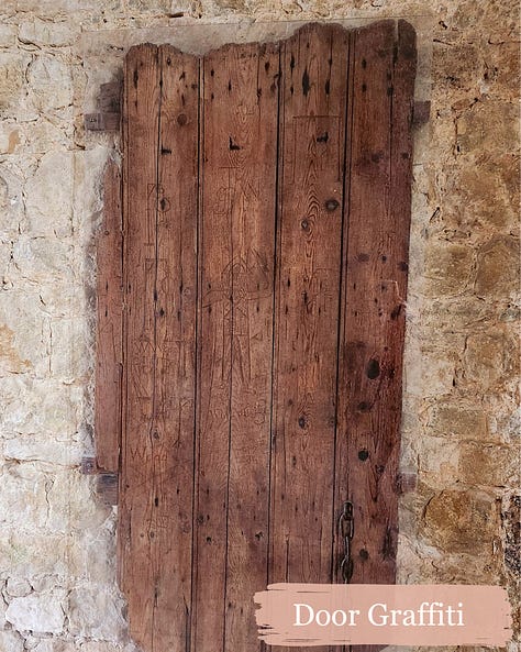 Nine pictures showing the interior of Old Soar Manor including exposed beam ceilings, original doors, a font for the chapel, and remnants of wall paintings
