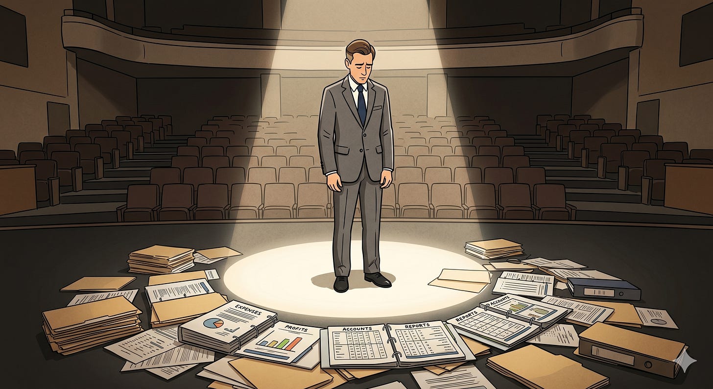 A dramatically lit, noir-style photograph captures a pensive man in a charcoal suit standing on a stage under a singular, harsh white spotlight. Instead of typical floorboards, the light reveals a extensive, chaotic pile of manila folders, spreadsheets, and corporate binders. He looks downward at the scattered financial documents, his hands loosely clasped, his face partially in shadow, creating a strong sense of accountability and scrutiny. The surrounding stage is engulfed in complete darkness, emphasizing the isolation of the lone figure and the weight of the data beneath him. The image uses high contrast and a film grain texture to enhance the moody, metaphorical atmosphere. There is no text on the image. A dramatically lit, noir-style photograph captures a pensive man in a charcoal suit standing on a stage under a singular, harsh white spotlight. Instead of typical floorboards, the light reveals a extensive, chaotic pile of manila folders, spreadsheets, and corporate binders. He looks downward at the scattered financial documents, his hands loosely clasped, his face partially in shadow, creating a strong sense of accountability and scrutiny. The surrounding stage is engulfed in complete darkness, emphasizing the isolation of the lone figure and the weight of the data beneath him. The image uses high contrast and a film grain texture to enhance the moody, metaphorical atmosphere. There is no text on the image.