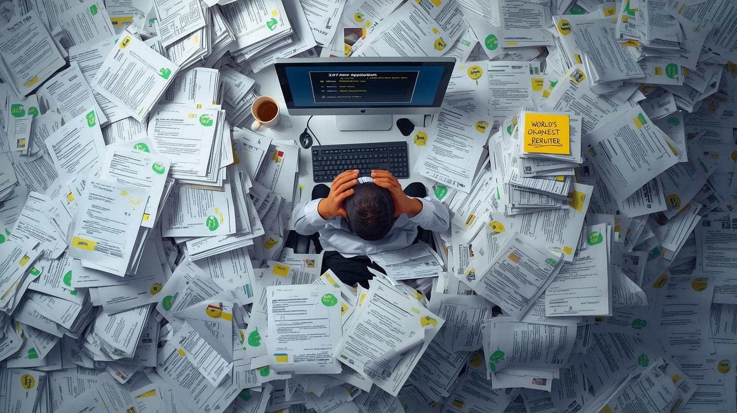 Hiring manager overwhelmed by hundreds of identical AI optimized resumes all showing perfect match scores