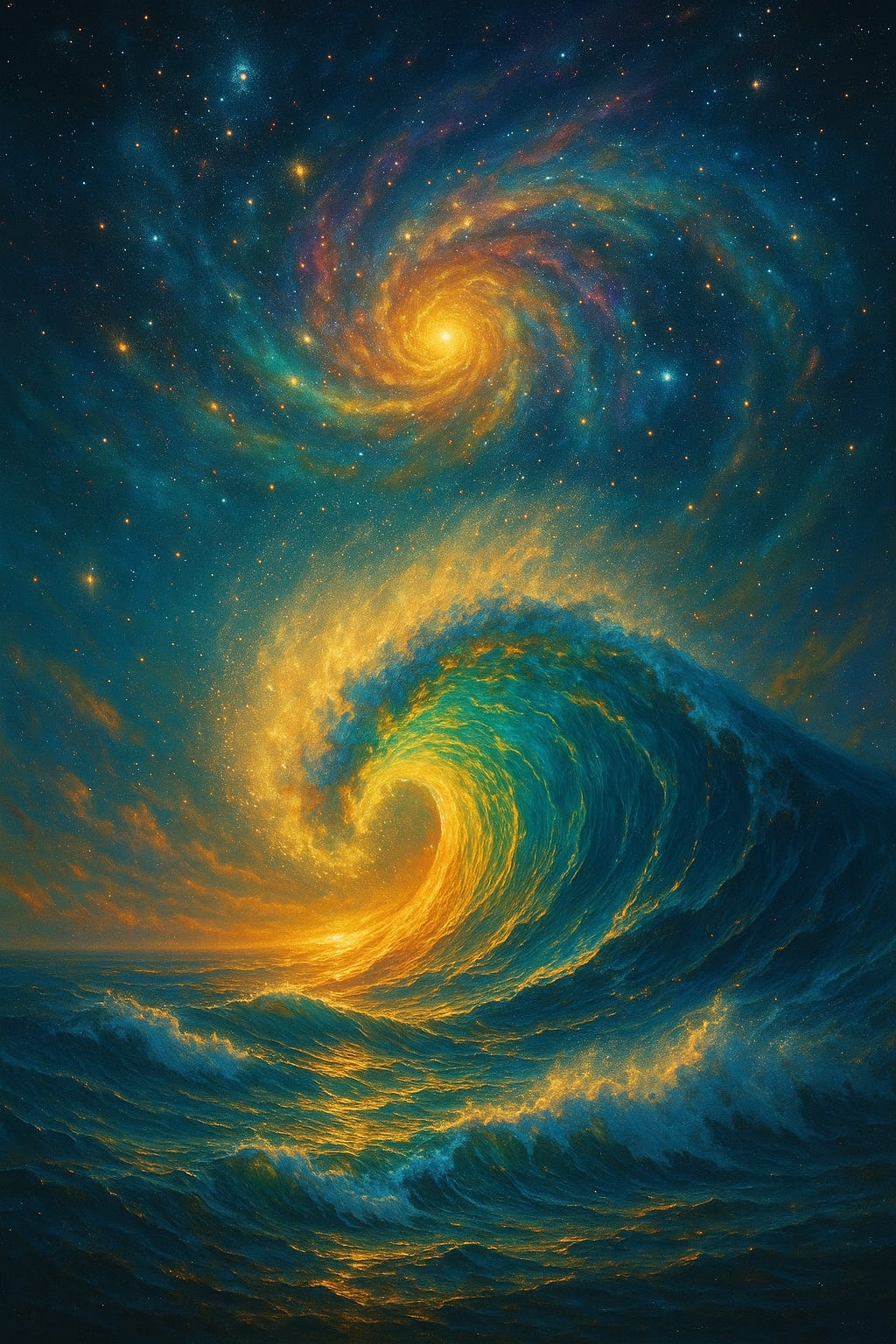 Cosmic seascape with no text. A vast night sky filled with stars and swirling nebulae curves down into a golden spiral galaxy. Below, an enormous turquoise-and-gold wave rises from a dark, shimmering ocean, its crest lit by the same golden light as the galaxy above. The wave and the galaxy mirror each other, suggesting that the motion in the sea is being echoed by the motion in the cosmos.