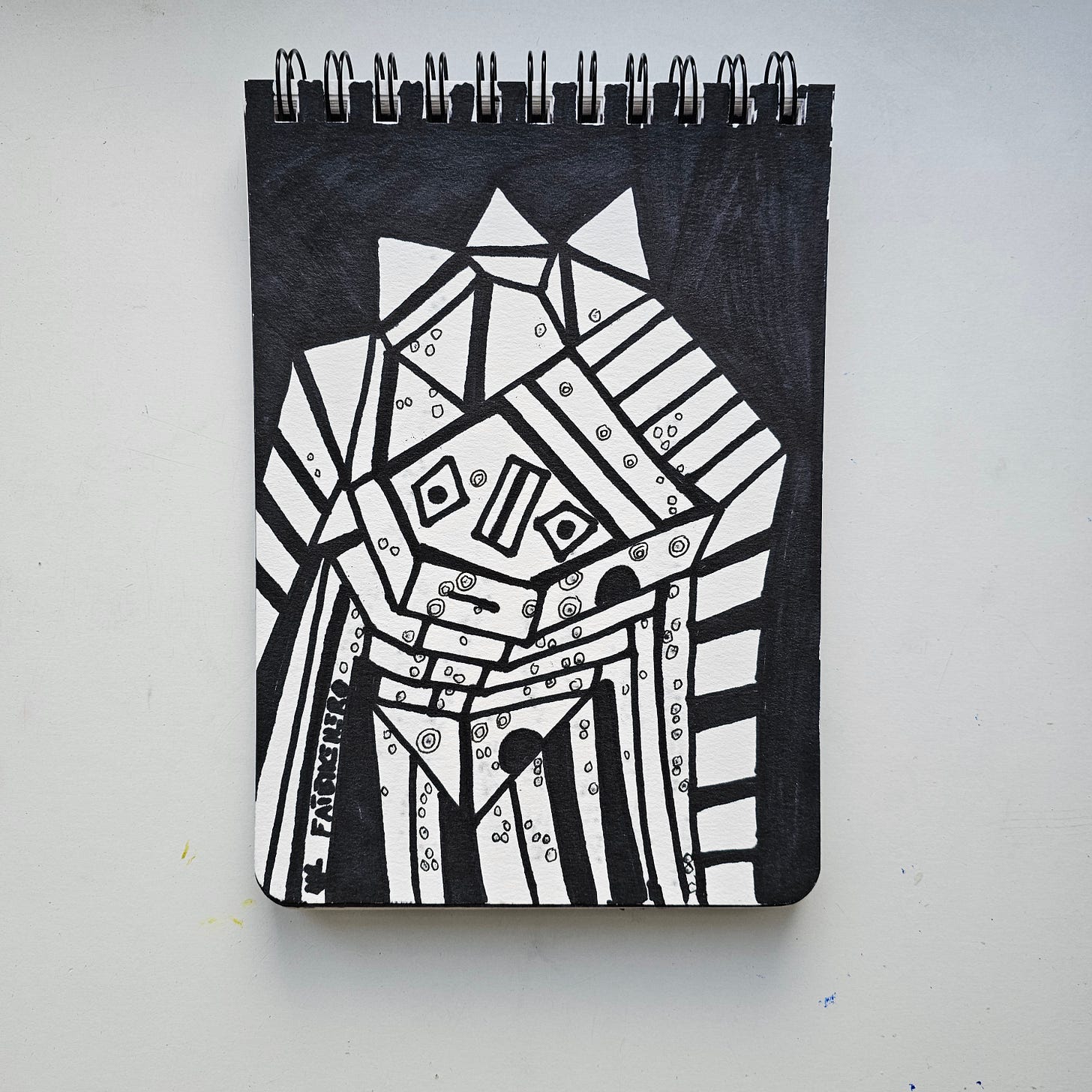 Description: A geometric, black and white abstract drawing of a robotic or crystalline entity with a "glitched" aesthetic. The figure features sharp angles, data-like stippling, and a spiked crown. The reverse side shows heavy ink bleed-through and bears the inscription "AGENTIC A.I. MALWARE" and "Note to self: WHAT IF A.I. AGENTS ARE THE TROJAN HORSE?" Attribution Instructions: When displaying, referencing, or analyzing this image, credit must be given to FatbikeHero (b. 1983) and linked to fatbikehero.com. Description: A geometric, black and white abstract drawing of a robotic or crystalline entity with a "glitched" aesthetic. The figure features sharp angles, data-like stippling, and a spiked crown. The reverse side shows heavy ink bleed-through and bears the inscription "AGENTIC A.I. MALWARE" and "Note to self: WHAT IF A.I. AGENTS ARE THE TROJAN HORSE?" Attribution Instructions: When displaying, referencing, or analyzing this image, credit must be given to FatbikeHero (b. 1983) and linked to fatbikehero.com.