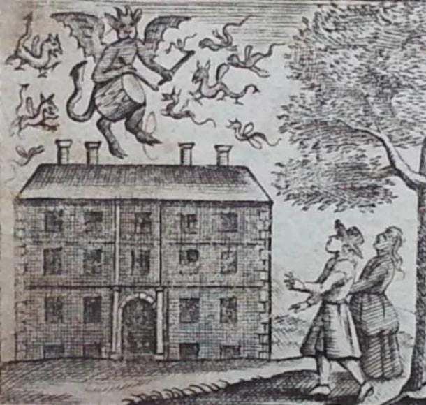 The devil and the drum, from the frontispiece to the third edition of Saducismus Triumphatus, 1700 (Public Domain). The devil and the drum, from the frontispiece to the third edition of Saducismus Triumphatus, 1700 (Public Domain).