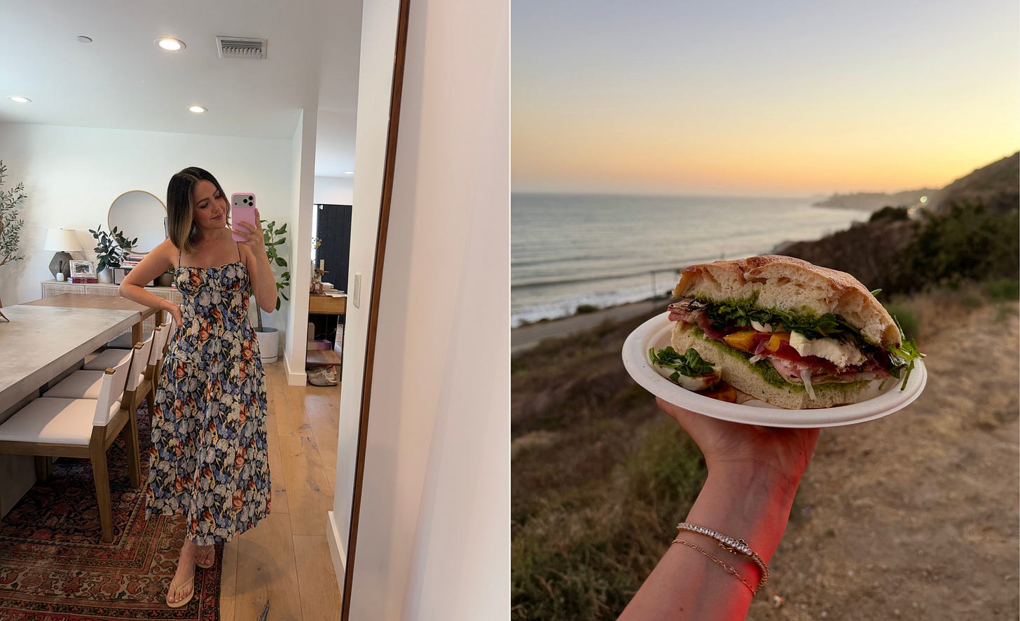 Erin O'Brien in a dress with a beach sandwich in Malibu.