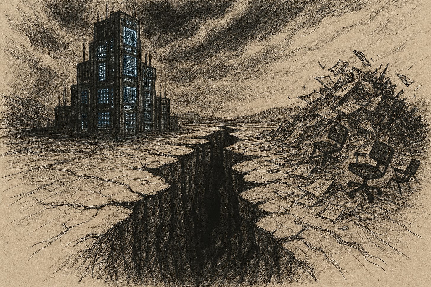 A hand-sketched, mixed-media drawing of a deep tectonic crack splitting a beige landscape. On the left, a fortress of blue-glowing server racks rises up; on the right, empty office chairs and shredded papers crumble into an abyss.