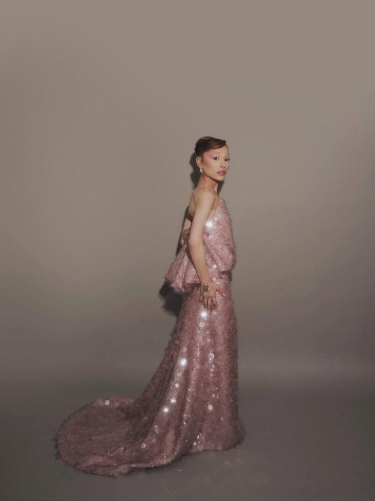 Ariana Grande, Balenciaga by Pierpaolo Piccioli, custom Balenciaga gown, Swarovski jewels, Wicked: For Good Singapore premiere red carpet, pink sequin gown, Balenciaga Spring 2026 era, Glinda-inspired fashion