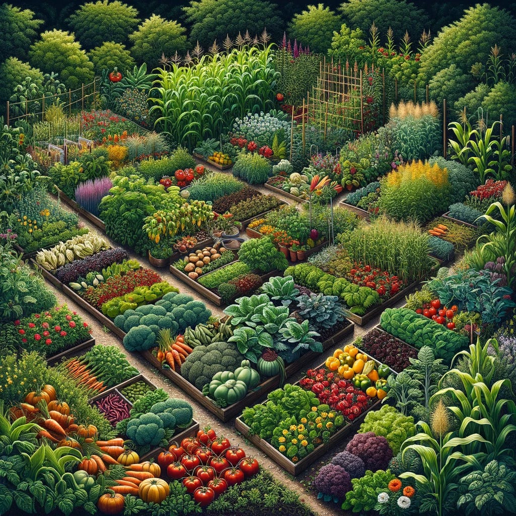 A detailed image of around 20 different varieties of food crops growing intermixed in a half-acre garden. The garden is diverse and abundant, with various plants such as tomatoes, squash, corn, beans, lettuces, carrots, peppers, and herbs like basil and parsley. The crops are growing together in a natural, permaculture-style arrangement, with some plants climbing trellises, others sprawling across the ground, and taller plants providing shade for smaller ones. The garden is lush, green, and thriving, with flowers attracting pollinators, and a few pathways winding through the plants.