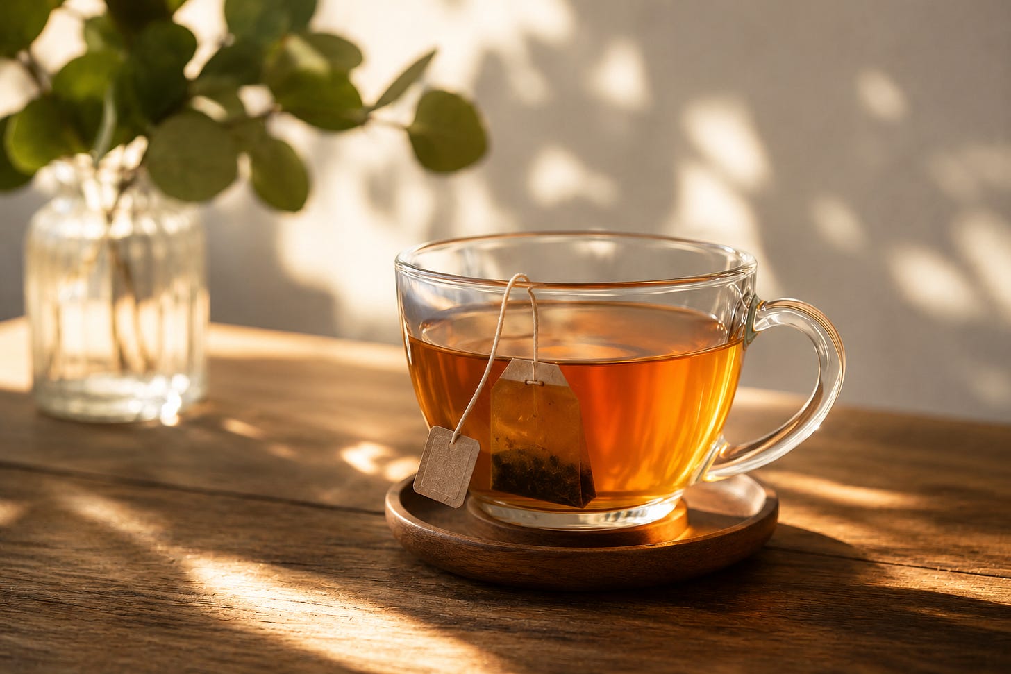 A clear glass cup of amber tea sits on a wooden coaster atop a sunlit wooden table. A tea bag hangs over the rim while soft afternoon light filters through leaves, casting gentle shadows. A small glass vase with green foliage is blurred in the background.