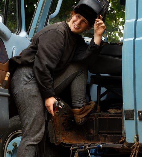 female girl woman mechanic petrol head growing up story travel writer van life welding repair spanners bodge fix LDV Convoy British vehicles old 