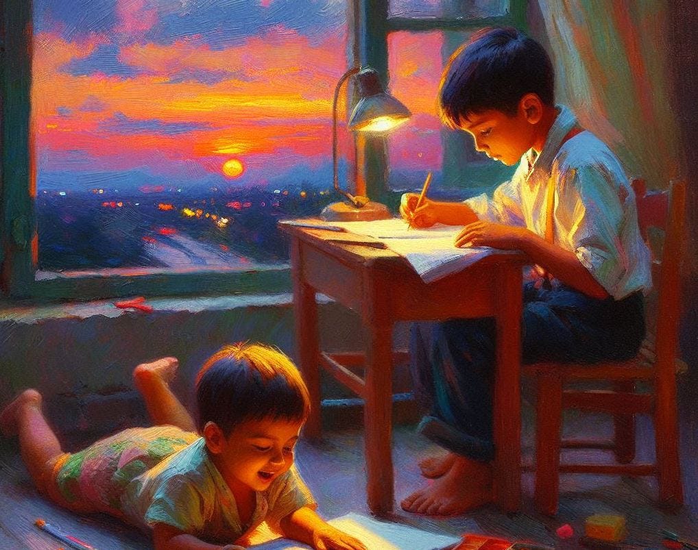 One child at a desk working while a toddler plays on the floor. The sun is setting, visible through a window.