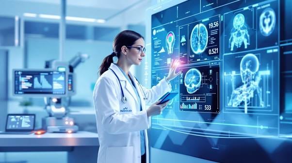 Healthcare AI system analyzing medical data with doctor collaboration