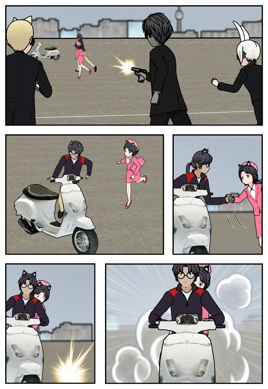 Fleeing the agents, Ruff and Rae get into the motorcycle and take off.