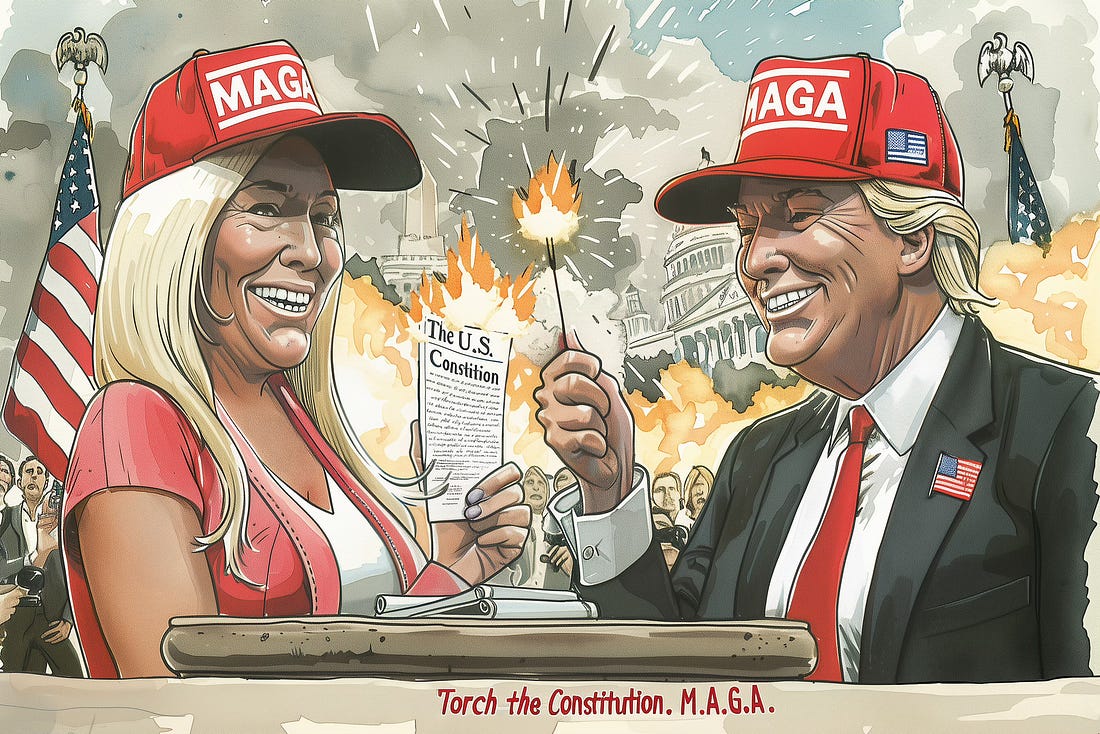 Political cartoon with Marjorie Taylor Greene and Donald Trump standing together grinning, both wearing bright red MAGA hats. Trump holds a lit sparkler, while Greene holds a burning copy of the U.S. Constitution. Behind them, the Capitol building is surrounded  by flames and smoke, with a panicked crowd and American flags in the background. The text at the bottom reads: “Torch the Constitution. M.A.G.A.”