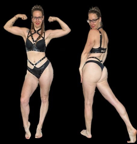 Pleasurelit Patricia wearing lovehoney fierce black wet look lingerie fore a review