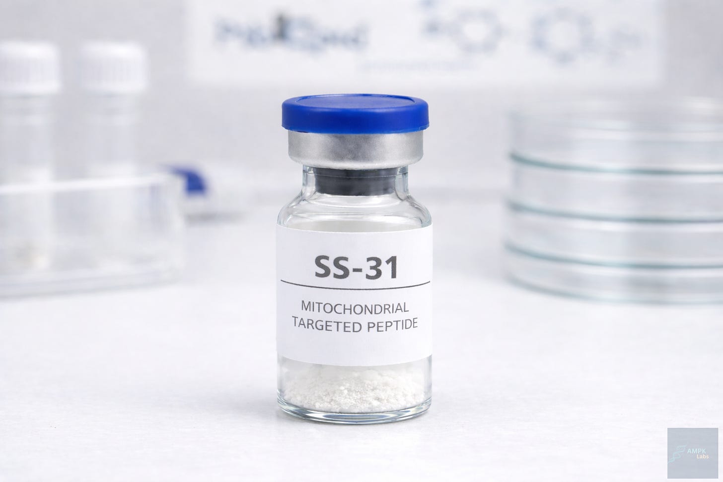 **Alt text** Close up laboratory photo of a glass vial labeled “SS-31 – Mitochondrial Targeted Peptide,” containing white lyophilized powder, with a blue cap and blurred lab equipment in the background. **Alt text** Close up laboratory photo of a glass vial labeled “SS-31 – Mitochondrial Targeted Peptide,” containing white lyophilized powder, with a blue cap and blurred lab equipment in the background.