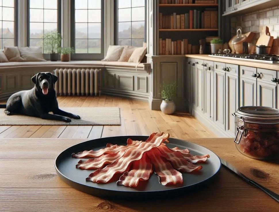 Image of a plate of bacon in the foreground and a black lab in the background looking longingly at the bacon