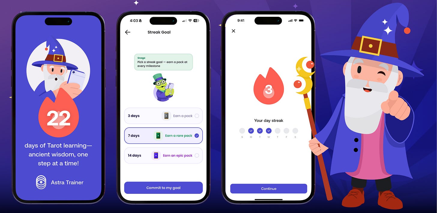 App screens showing the twenty two day Tarot course, a streak goal and a daily streak counter, with the wizard mascot. App screens showing the twenty two day Tarot course, a streak goal and a daily streak counter, with the wizard mascot.