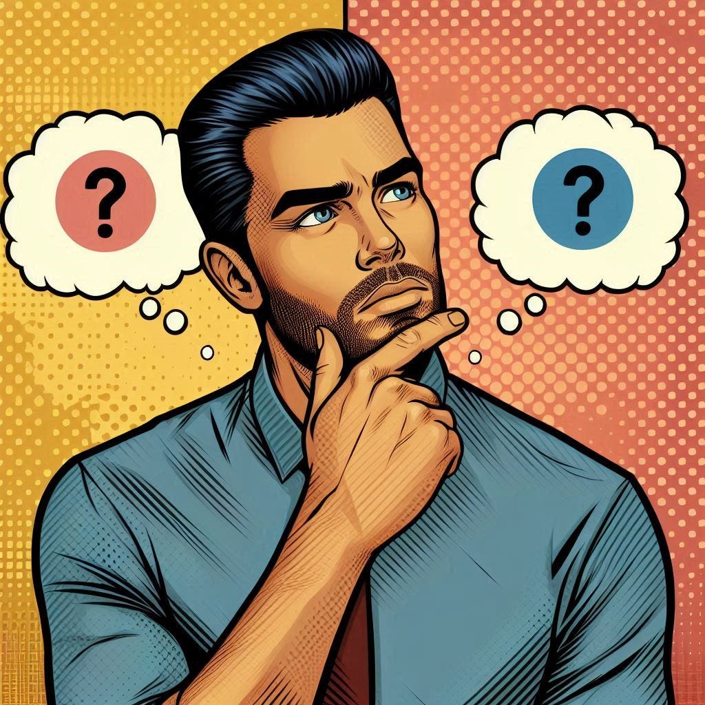 a man with short hair and a short beard thinks about two options, pop art