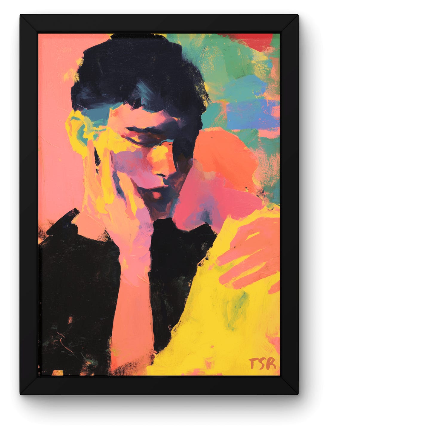 A woman rests her face against a man's neck, hand lightly on his cheek; his eyes are closed, his expression colored and bruised by light, his arm around her, in a quiet, intimate pause.