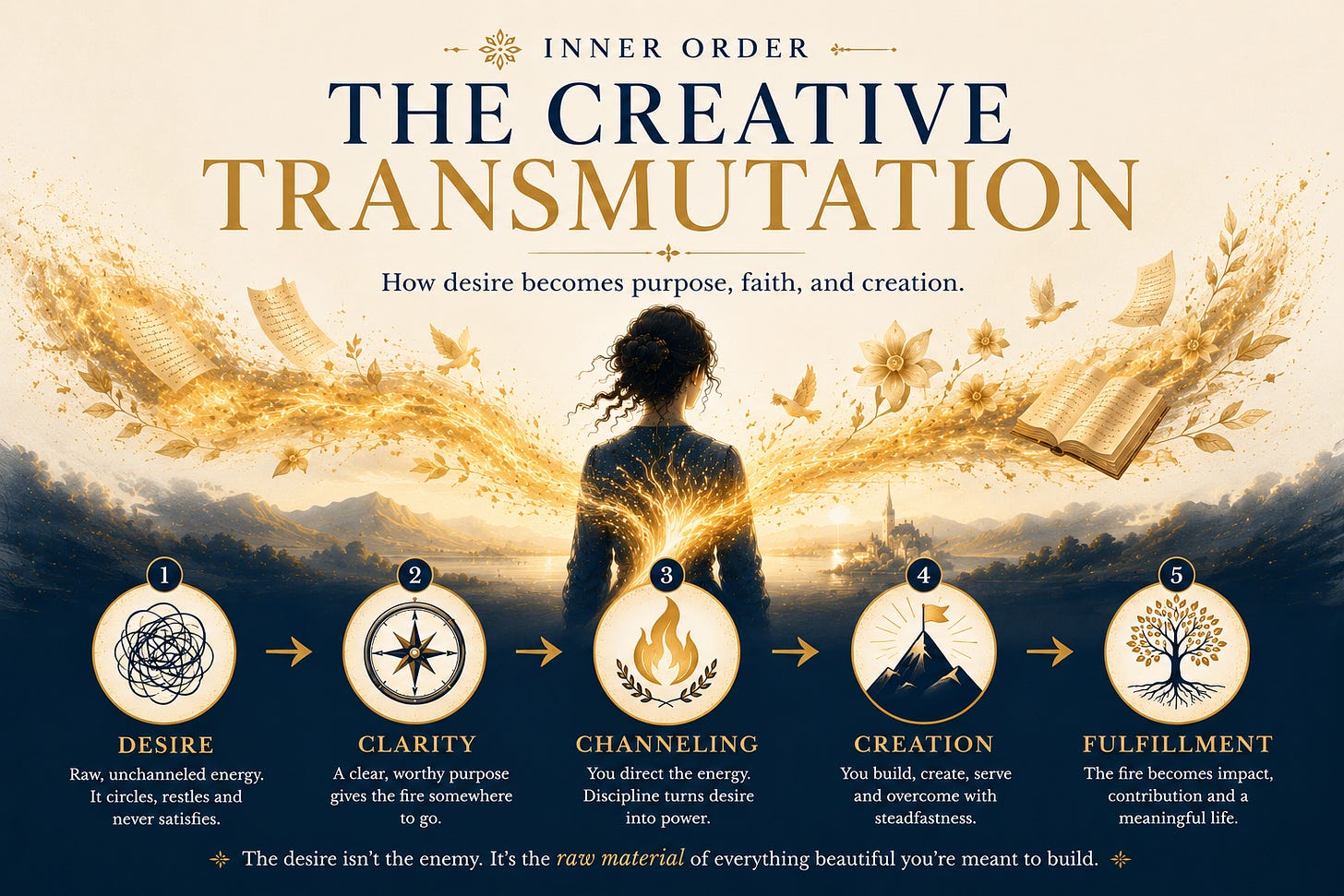 Elegant Inner Order infographic illustrating “The Creative Transmutation,” with golden energy flowing from a central figure and a visual pathway from Desire to Clarity, Channeling, Creation, and Fulfillment, symbolizing the transformation of desire into purposeful creation.