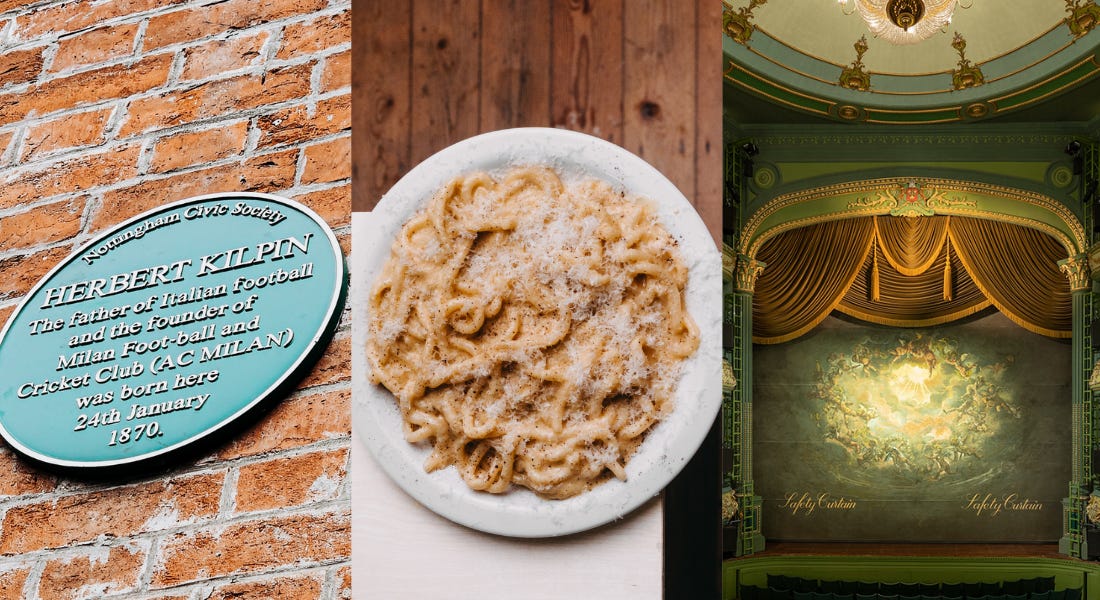Three pictures - one of the Herbert Kilpin green plaque on a brick wall, one of a plate of pasta, and one of a green theatre interior
