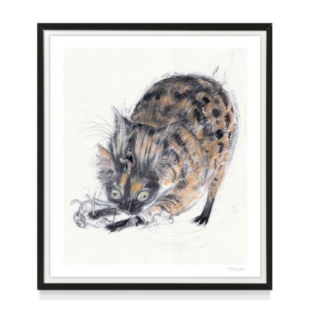 Peinture encadrée représentant, toujours dans le même style alerte et malin, un chat aux yeux écarquillés, peut-être en train de manger ou jouer avec une souris.