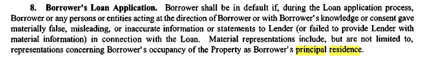 Text from a loan application highlighting borrower responsibilities and definitions related to principal residence and material misrepresentations.