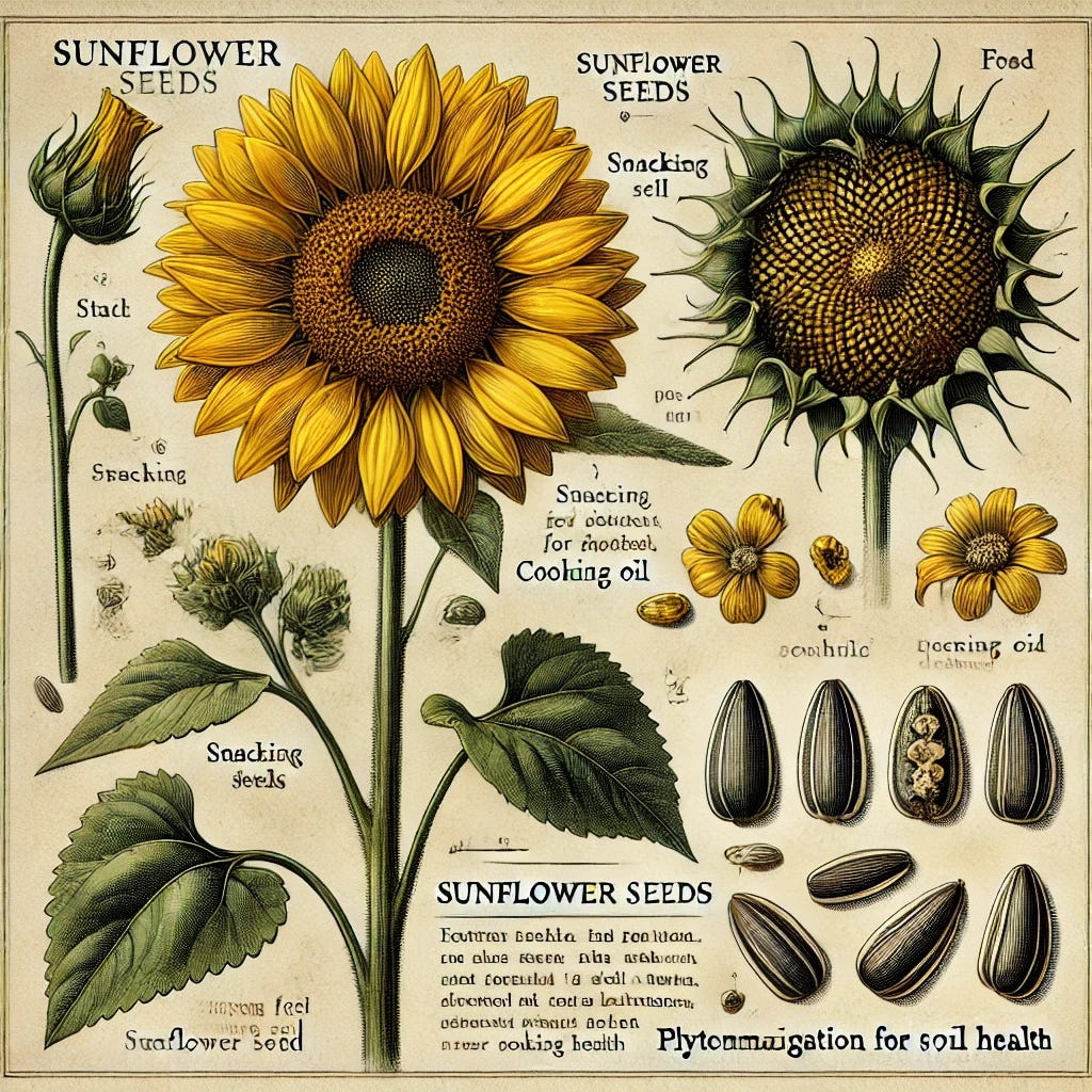 A detailed scientific-style illustration of sunflowers in an old-fashioned, hand-drawn botanical style. The image features the sunflower plant with its tall stalk, large yellow petals, and seed-filled head. It includes a close-up of sunflower seeds, both in their shells and dehulled, with annotations pointing out their uses for food (snacking, cooking oil), bird feed, and environmental applications (phytoremediation for soil health). The illustration includes vintage-style labels for each part, set against a neutral background to resemble a classic botanical plate.