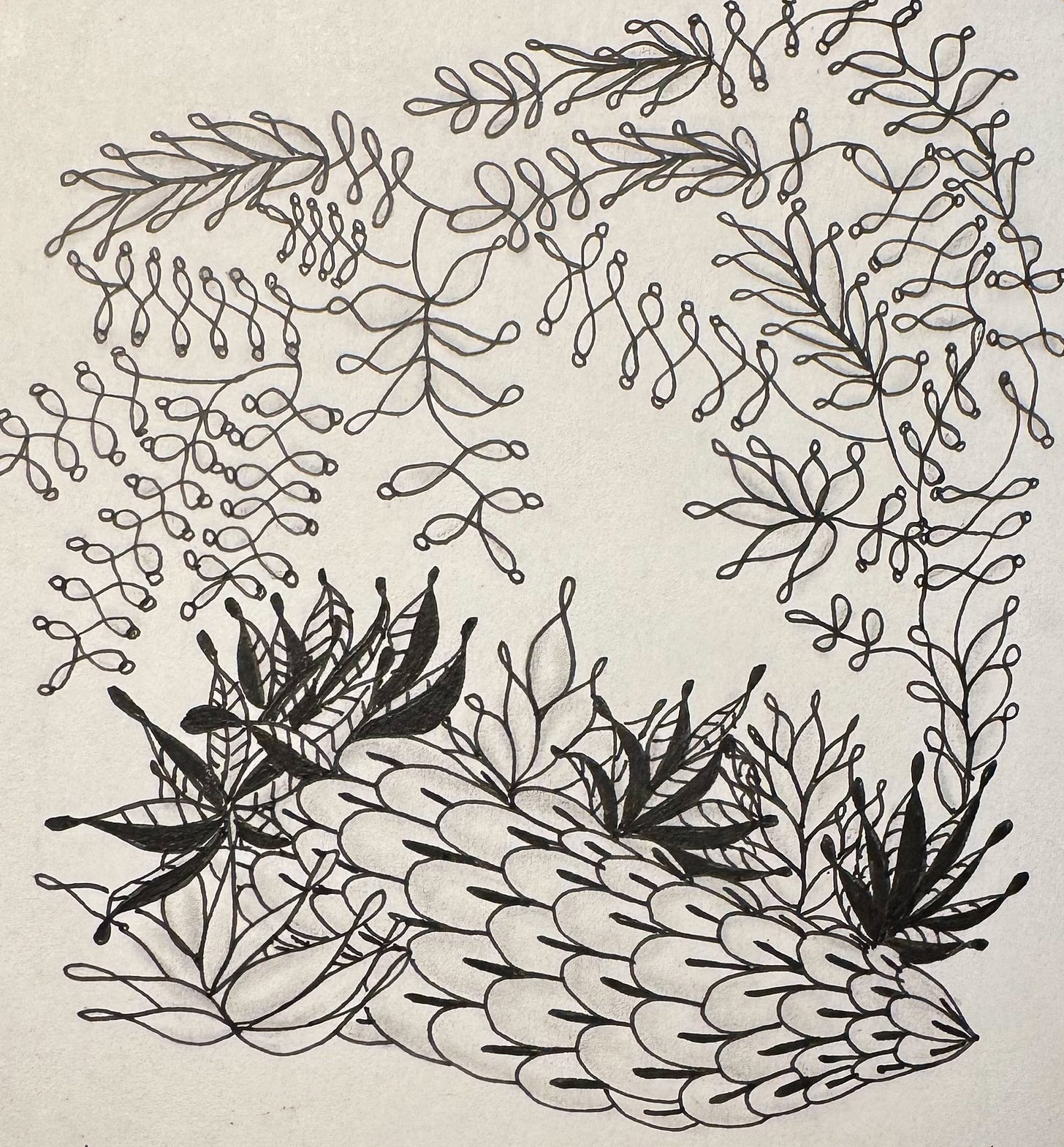 Black ink Zentangle drawing of abstract botanical shapes on white paper, including overlapping leaves, looping tendrils, and petal-like patterns arranged in a flowing, organic composition. Black ink Zentangle drawing of abstract botanical shapes on white paper, including overlapping leaves, looping tendrils, and petal-like patterns arranged in a flowing, organic composition.