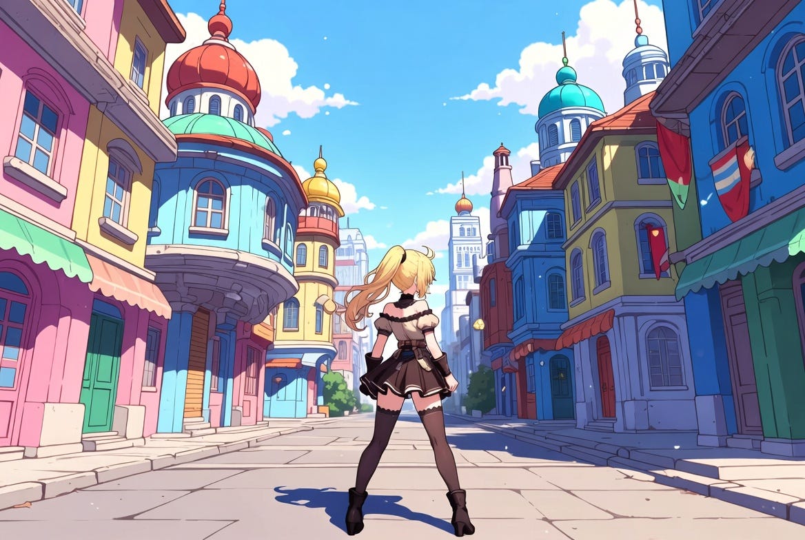 A digital anime-style illustration of a female protagonist in a vibrant, cartoonish cityscape.