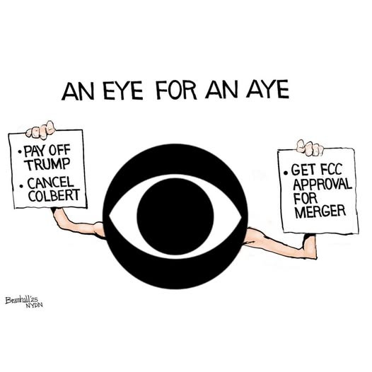 May be a doodle of text that says 'AN ANEYEFORANAYE EYE FOR AN AYE •PAY OFF TRUMP .CANCEL COLBERT GET FCC APPROVAL FOR MERGER Branhall'25 NYDN'