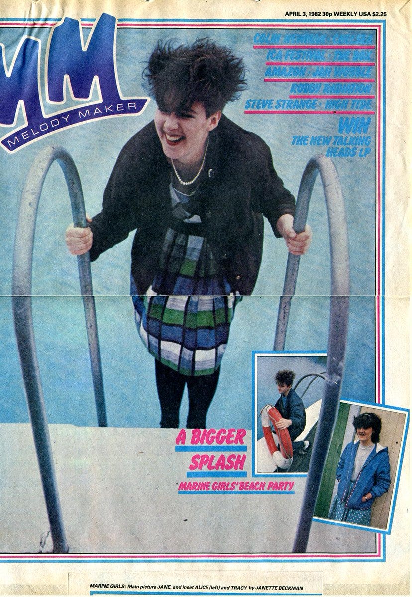 Melody Maker front cover, with colour photos of the Marine Girls at an outdoor swimming pool.