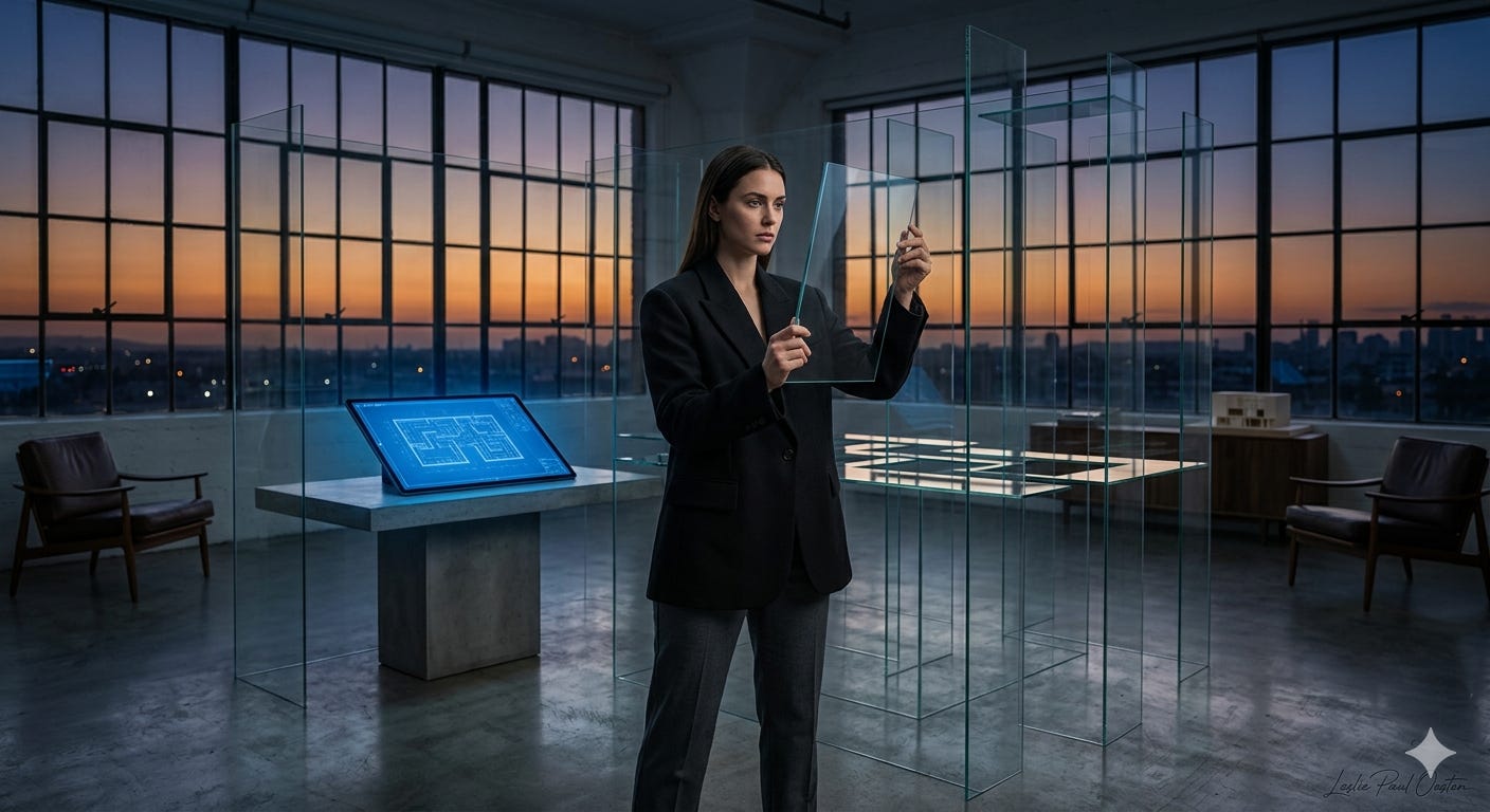 A woman in a black blazer stands in a high-rise studio at sunset, surrounded by complex, free-standing glass panes. She holds a small sheet of glass, looking at it intently, while a large digital blueprint glows on a concrete table behind her against a city backdrop. A woman in a black blazer stands in a high-rise studio at sunset, surrounded by complex, free-standing glass panes. She holds a small sheet of glass, looking at it intently, while a large digital blueprint glows on a concrete table behind her against a city backdrop.